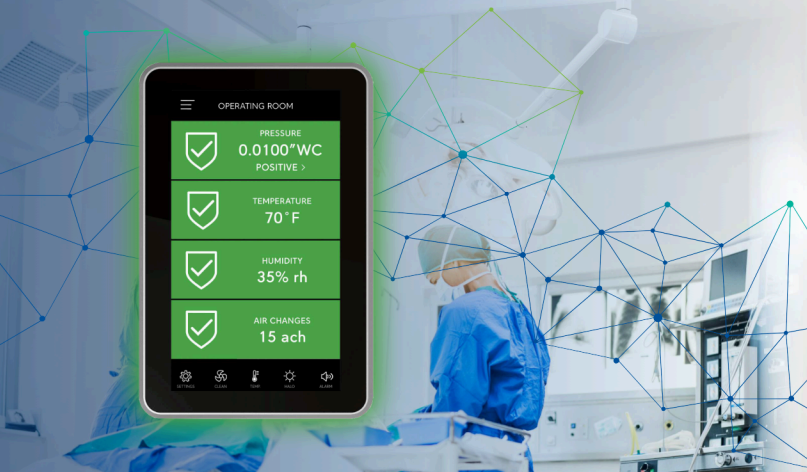 triatek-room-controller-touchscreen-operating-room-laboratory-and-biosafety-systems. Triatek room controller touchscreen showing operating room pressure, temperature, humidity, and air change readings