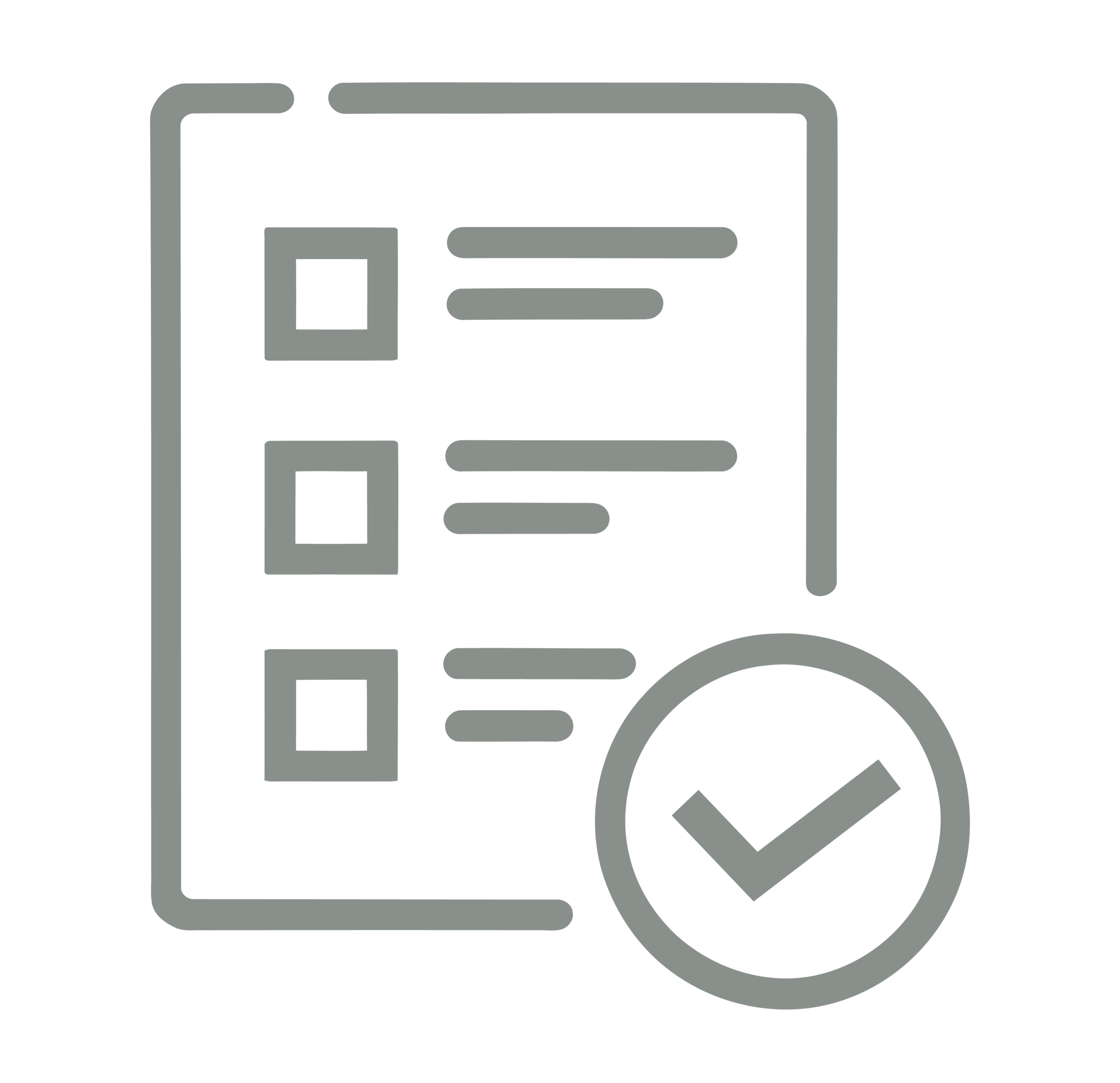 Gray line icon of a checklist document with a circled checkmark, representing completed inspections