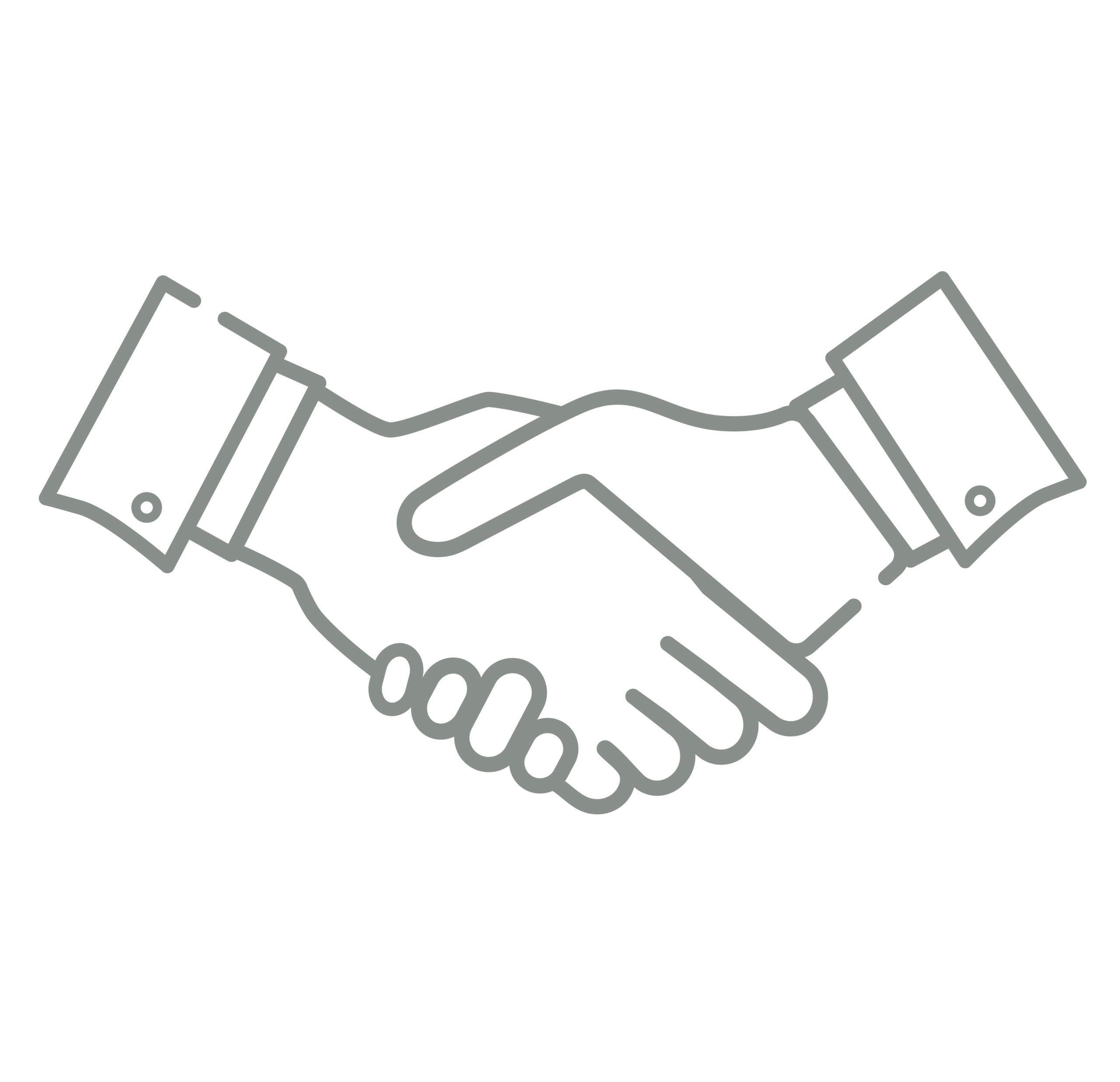 Gray line icon of a firm handshake with dress cuffs, representing professional agreement
