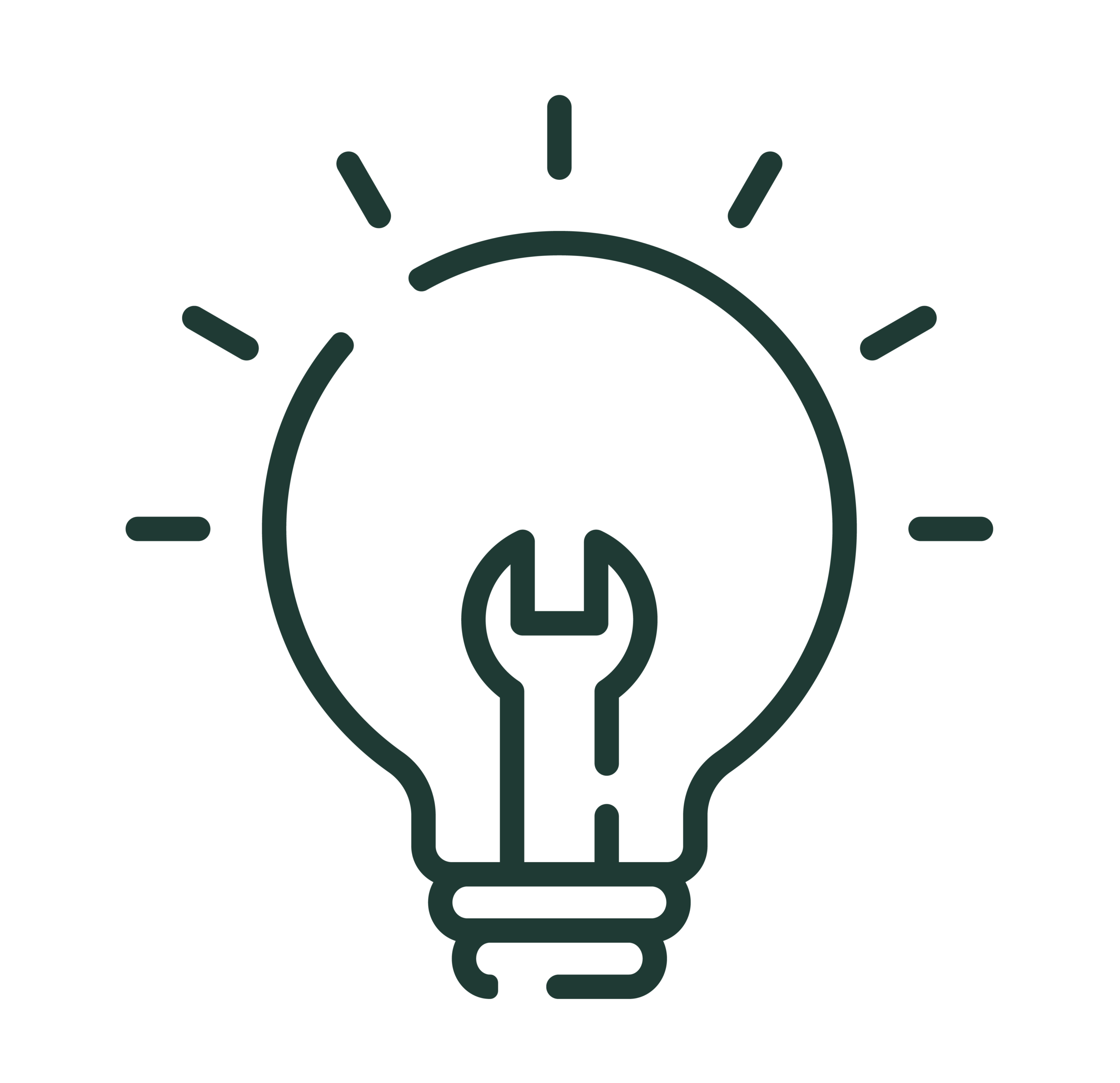 Dark green light bulb icon with a wrench filament, representing practical solutions and innovation