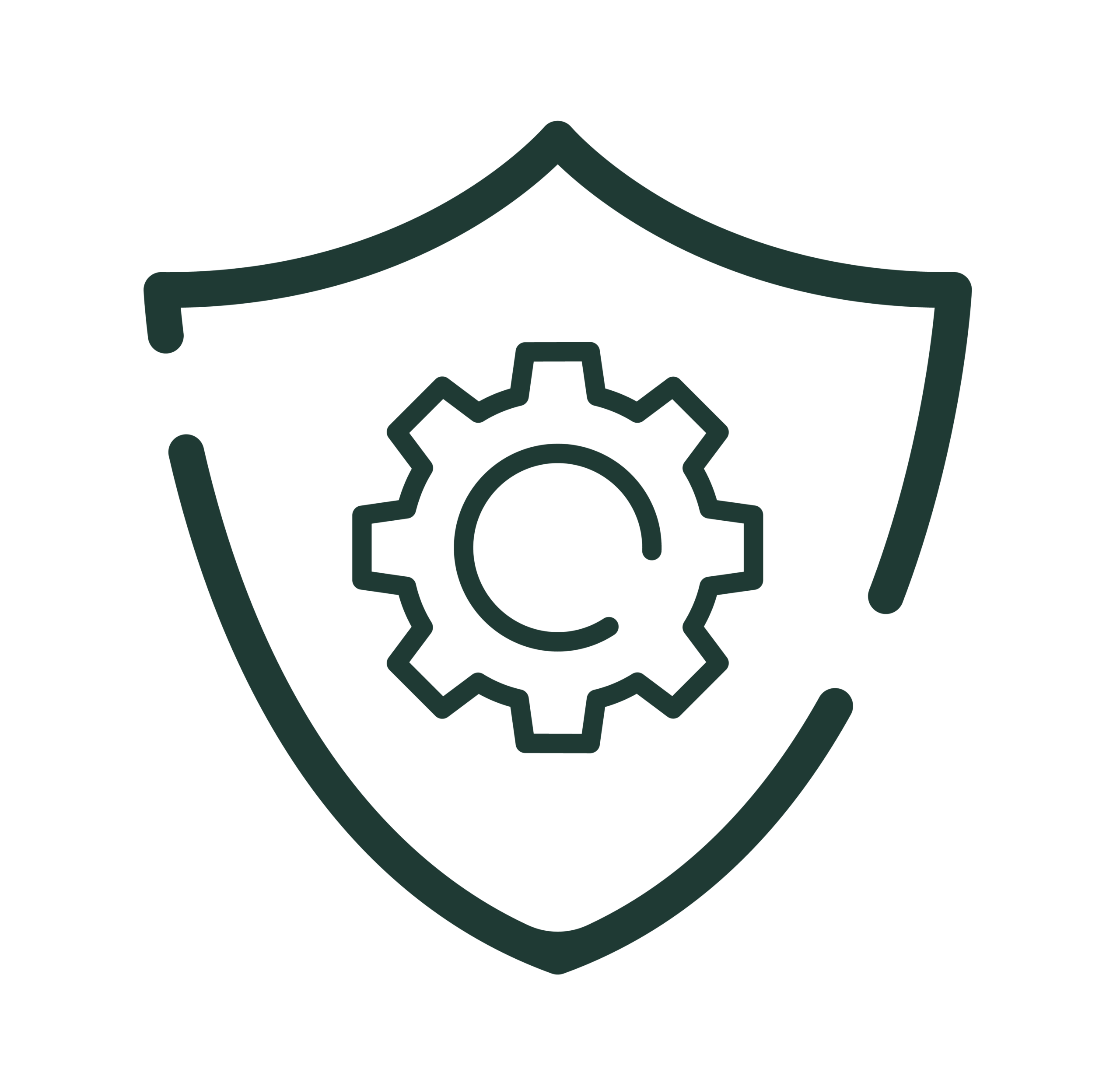 Dark green shield icon with a gear at the center, representing protected and reliable operations