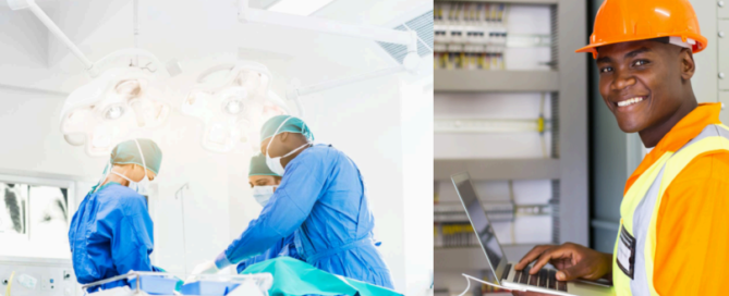Split image of a surgical team operating and a smiling technician with a hard hat and laptop