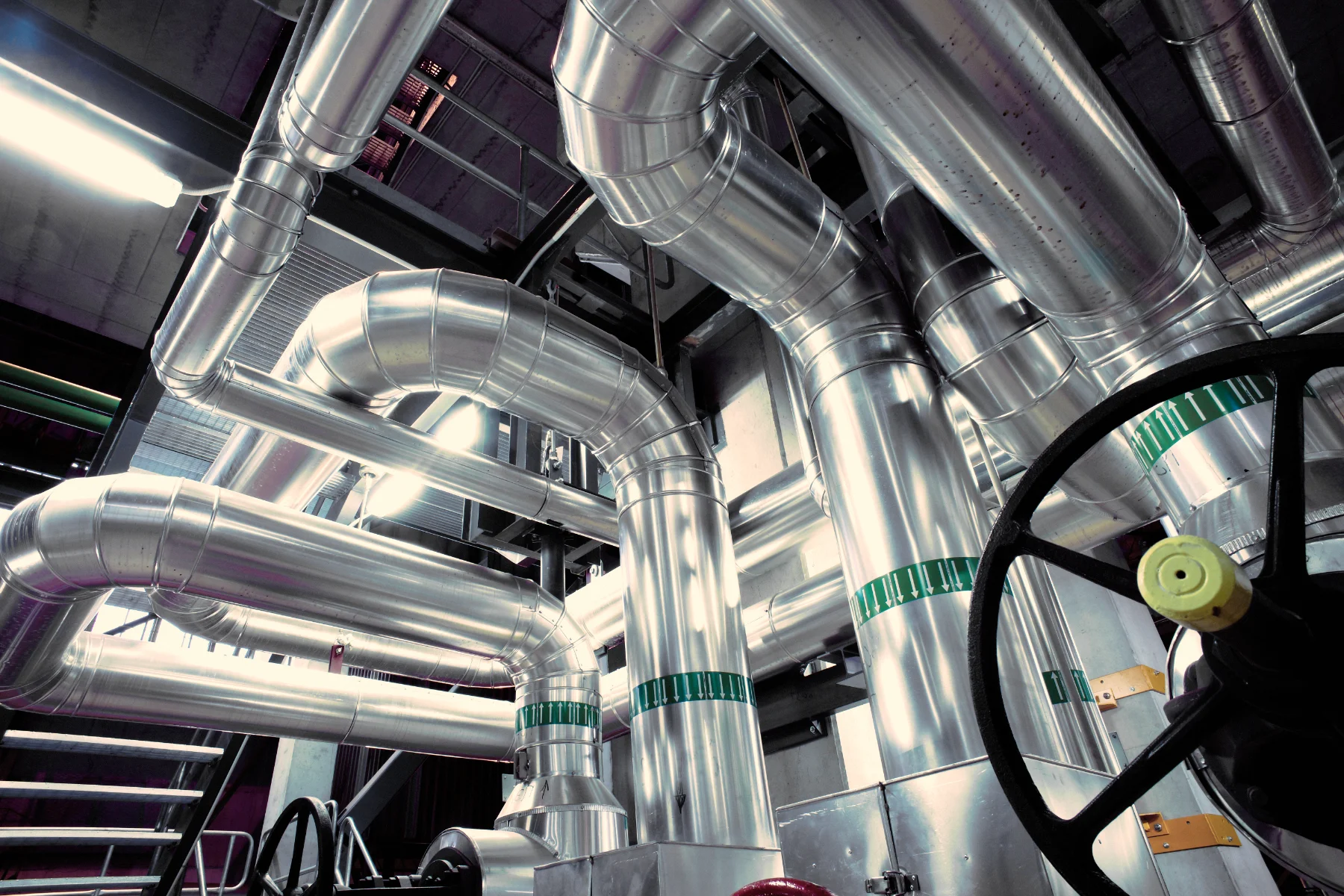 Industrial Zone, Steel Pipelines, Valves, Cables And Walkways